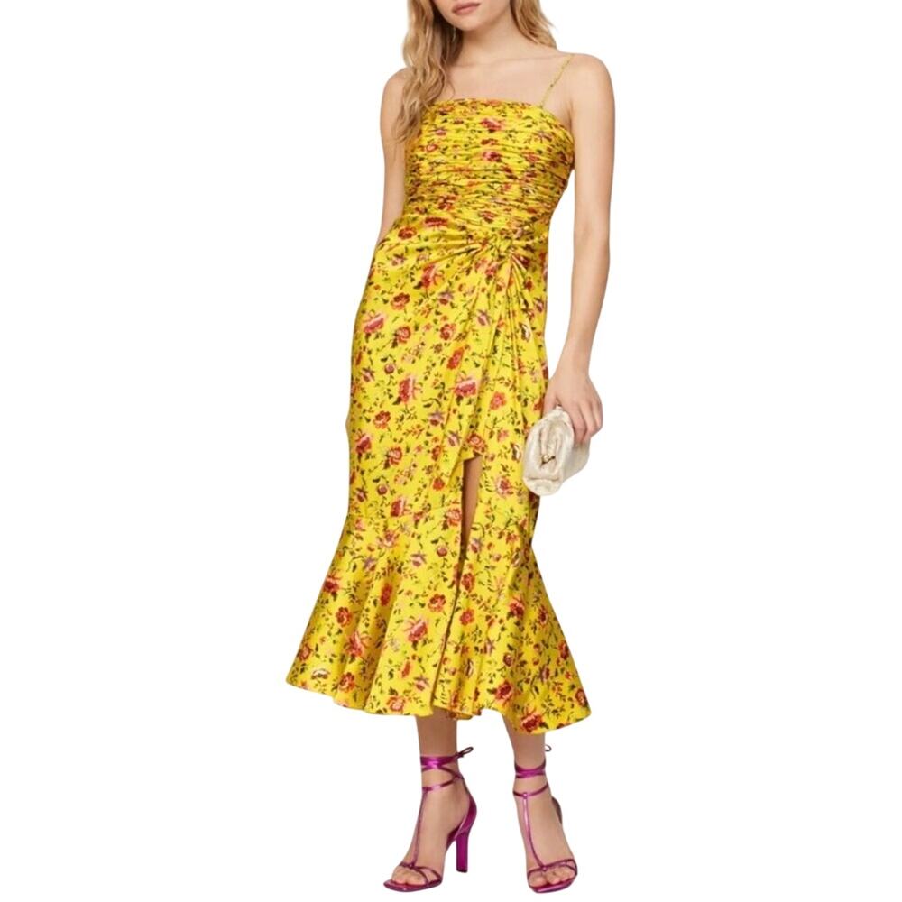 Cinq a sept Dress Size 0 Provence Katz Floral Back‎ Zip Yellow Satin Finish